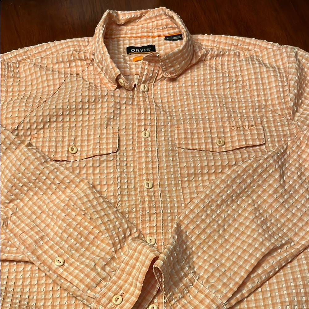 Orvis Orange Checkered Texture Shirt Poly Nylon Blend Roll Tab Long Sleeve L